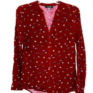 Primary S Burgundy princess v-neck button up. Dragonfly design casual